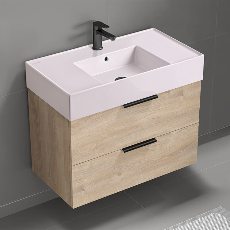 Nameeks DERIN270 Pink Sink Bathroom Vanity, Modern, Wall Mounted, Single, 32 Inch, Brown Oak
